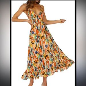 Indikah Abstract Print Midi Dress Size M Boho Cami Ruffle Hem Lined Multicolor